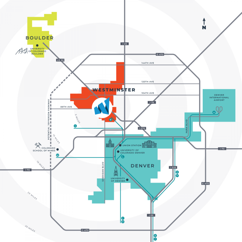 Regional map including Westminster, Denver, and Boulder